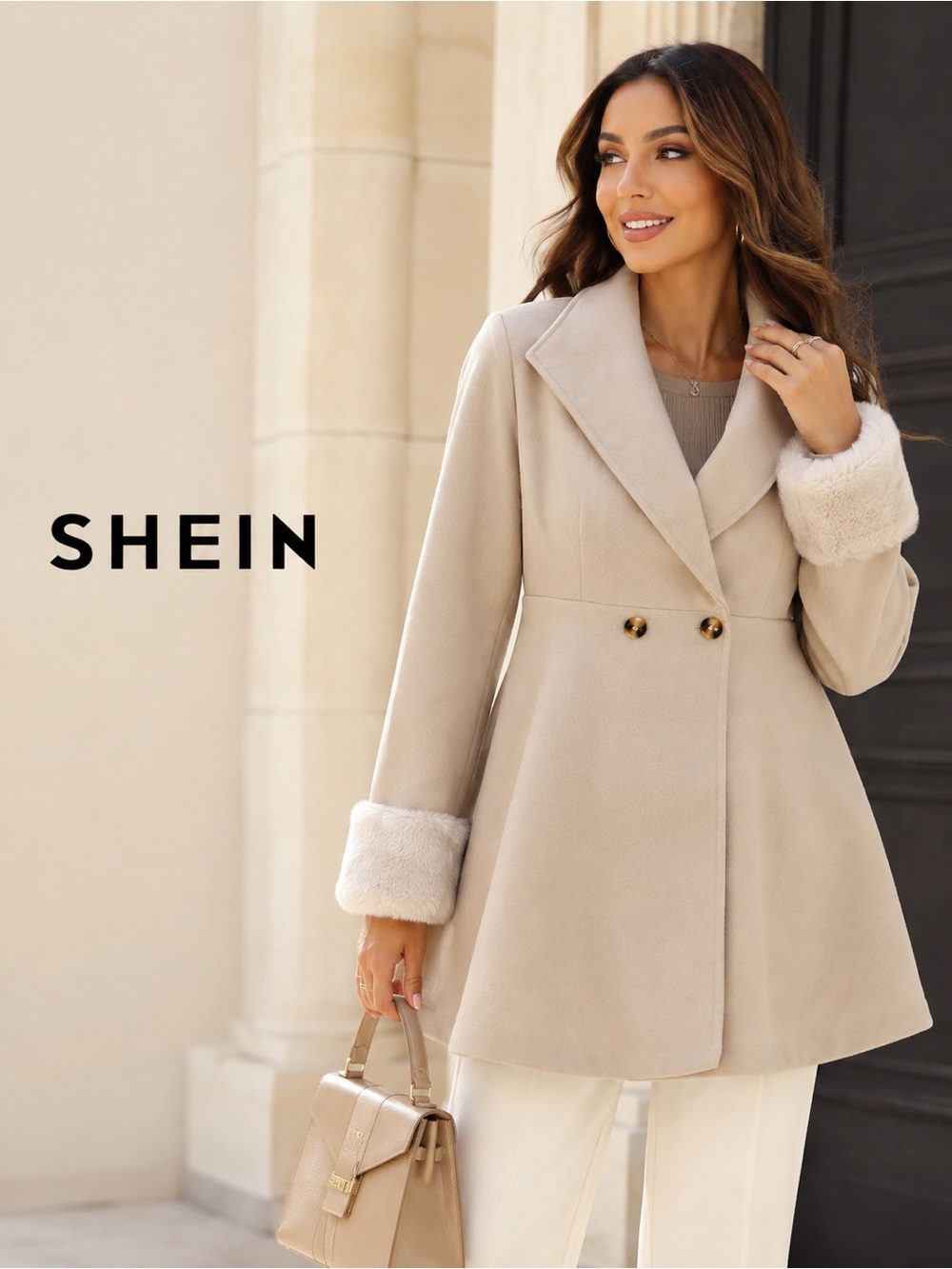 SHEIN Neutral Beige Double-Breasted Pea Coat with Faux-Fur Cuffs